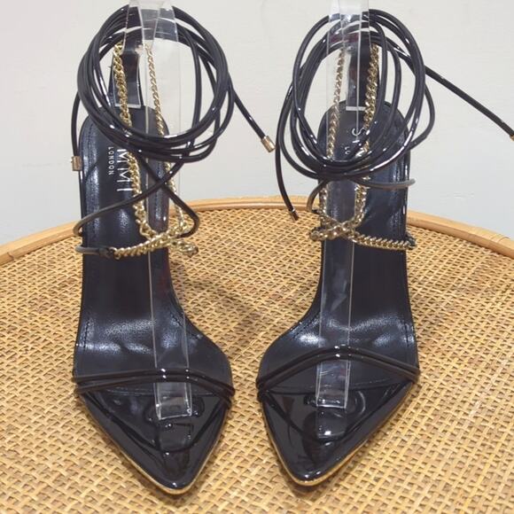 Simmi London Kegz-14 Patent Black Gold Chain Pointed Toe Stilettos Womens Size 7 - Picture 2 of 8